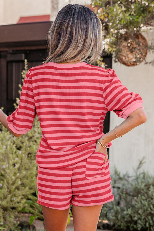 Red Stripe Puff Short Sleeve T Shirt Matching Shorts Set add22c8e1f8a9e03