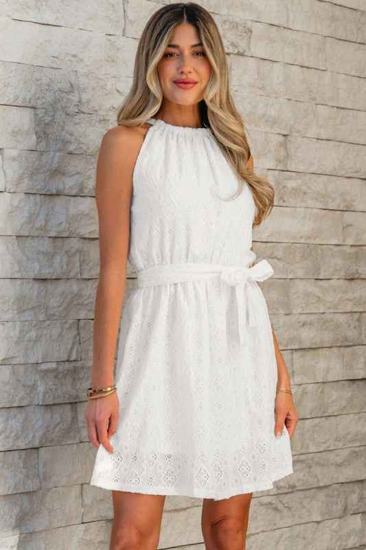 Reyna Lace Sleeveless Knot Back Mini Dress White add36953-e188-44cd-b811-8ce0157ac5b8