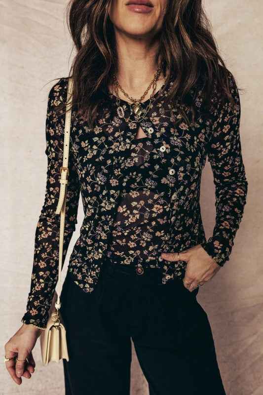 Floral Mesh Tank and Button-Front Cardigan Set Black add72a15-8cb0-4c43-8c09-f7e0bc8e3033