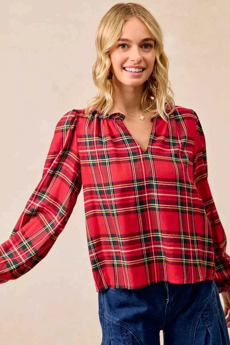 Christmas Plaid Balloon Sleeves Ruffled V-Neck Top add74daba18244e5af146c9e88b74821-Max-Origin