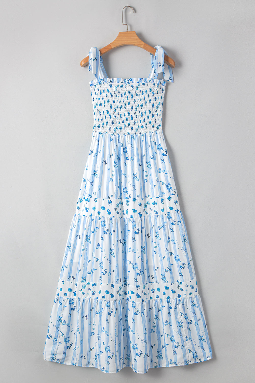 Sky Blue Floral Smocked A-Line Tie Straps Maxi Dress addefce71a0eee55