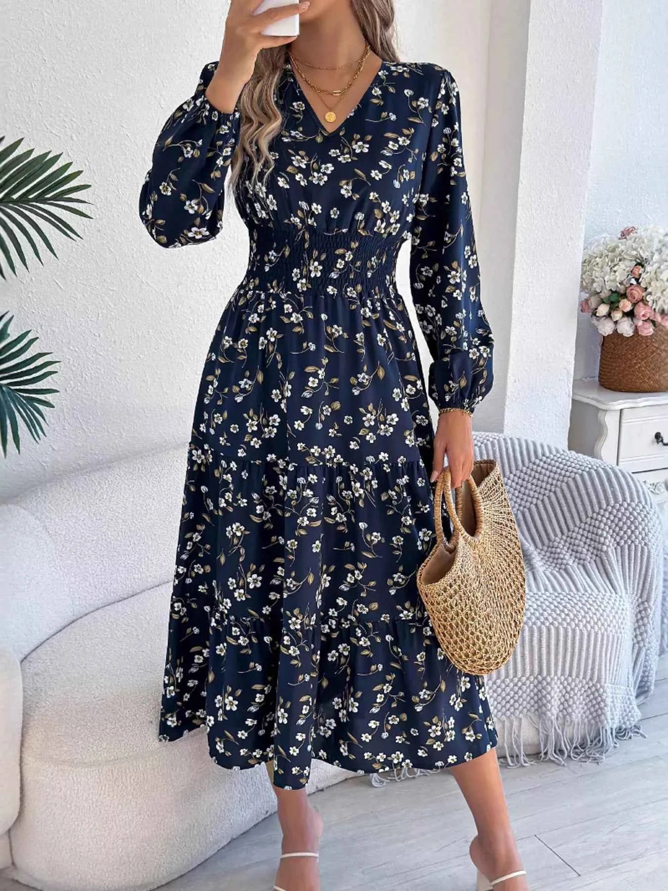 Floral Print Long Sleeve V-Neck Midi Dress addf15621223425f8245d2d1bdb2ac8e-Max-Origin