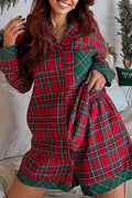 Red Plaid Contrast Color Christmas Holiday Long Sleeve Shirt and Shorts Pajama Set Red 59%Polyester+41%Cotton ade13dc57f9d7973