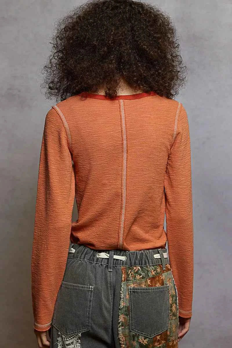 POL Round Neck Long Sleeve Contrast Stitching T-Shirt with Stud Detail ade76fe7-498c-4539-83d2-d3a921374482-Max-Origin