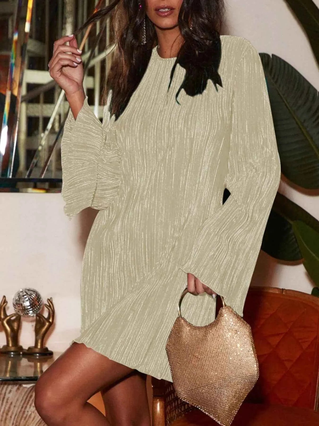 Cutout Back Flare Sleeve Dress Khaki adea59c8-6799-4c24-9af5-1cba5f2440f9-Max-Origin