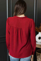 Burgundy Notched Neck Shirred Cuffs Long Sleeve Blouse adeff9d98e188cc1