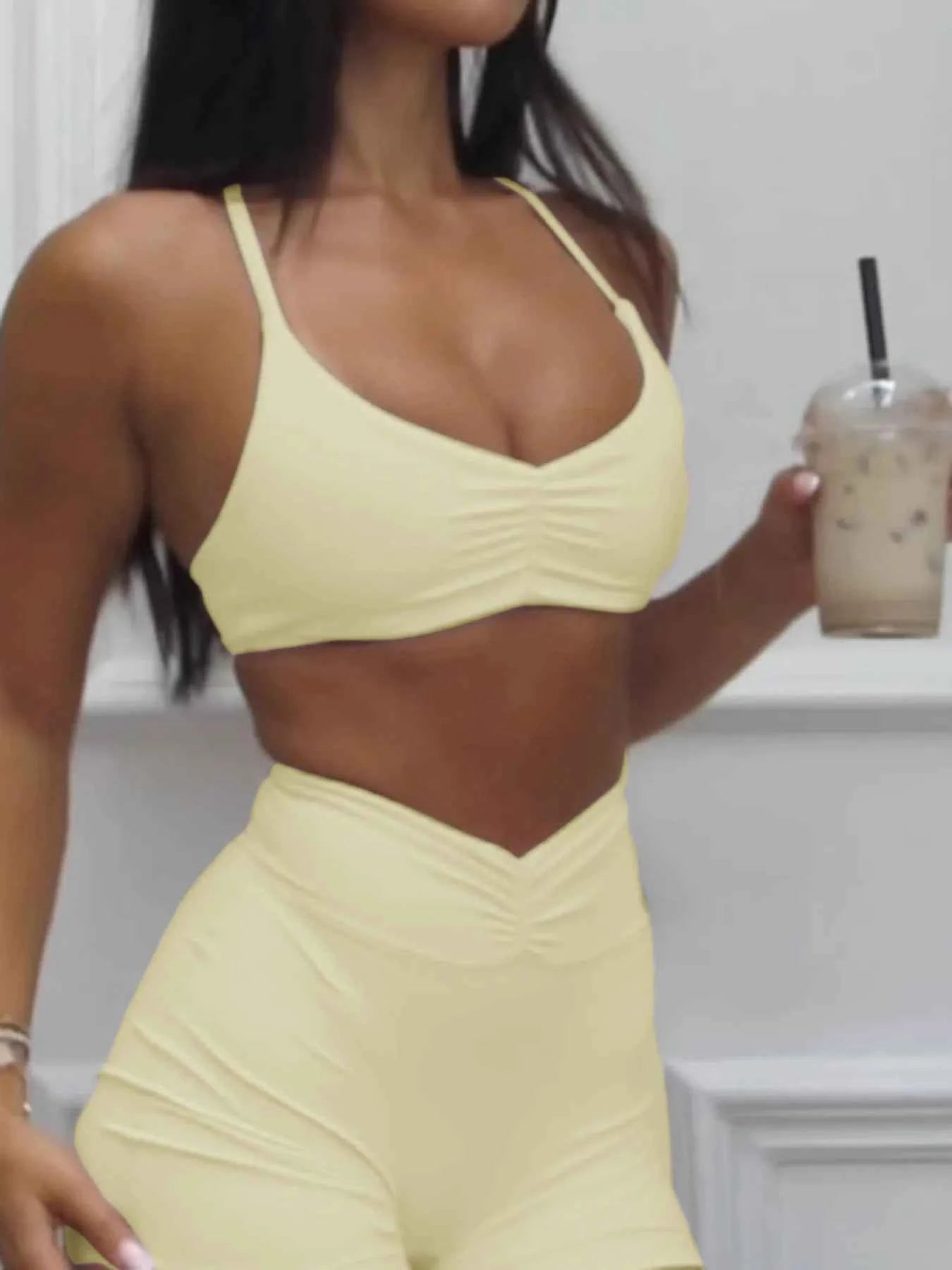 Ruched Sports Bra and High-Waisted Shorts Active Set adf9445d3514426b9e8cd64c7fa42811-Max-Origin