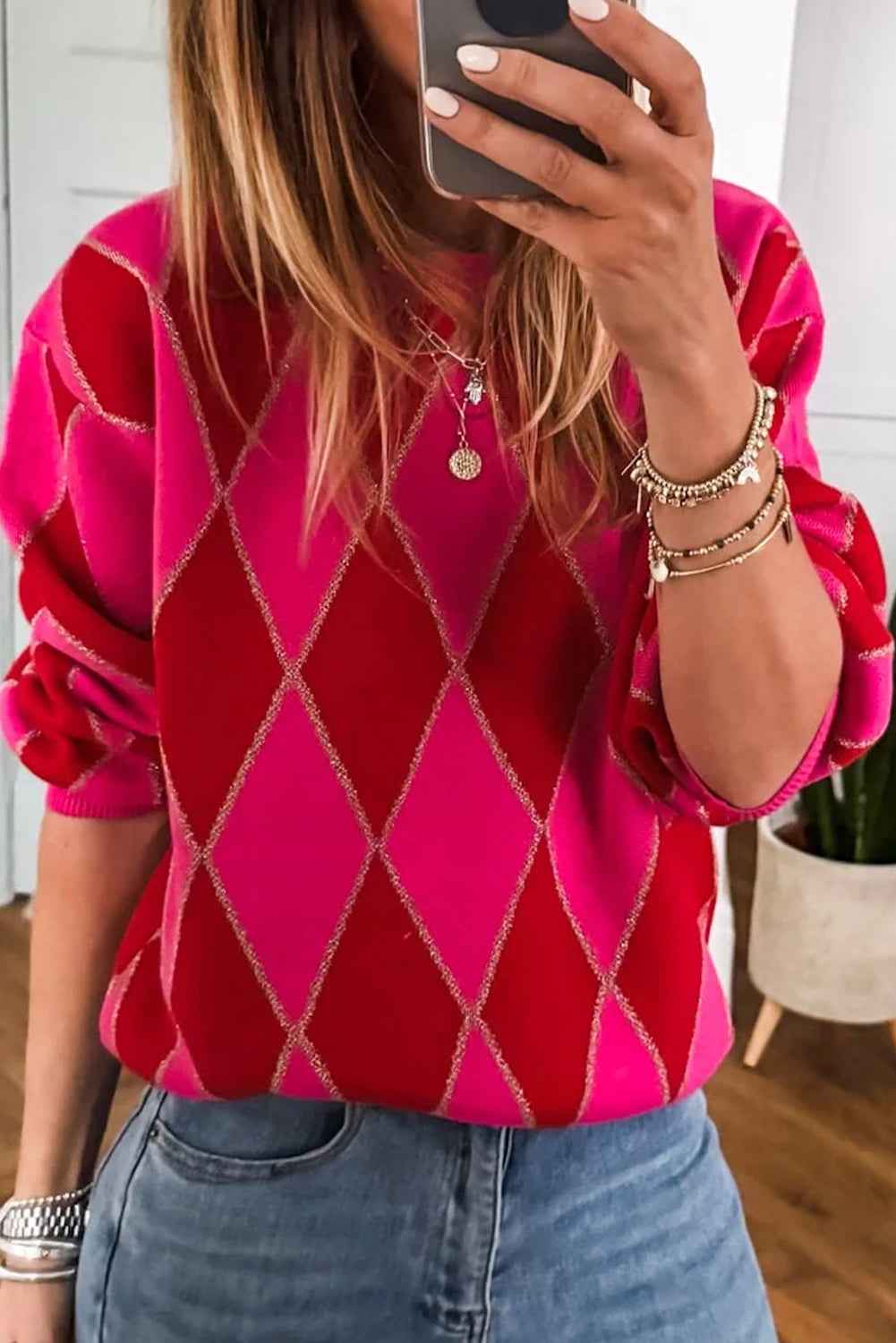 Rose Red Glitter Rhombus Pattern Knit Womens Casual Sweater Rose Red 52%Viscose+26%Polyester+22%Polyamide adfa83d186fb0893