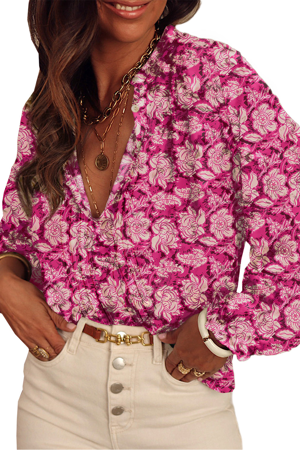 Pink Floral Print Split Neck Pleated Puff Sleeve Blouse adfe1838bf7e8c8a