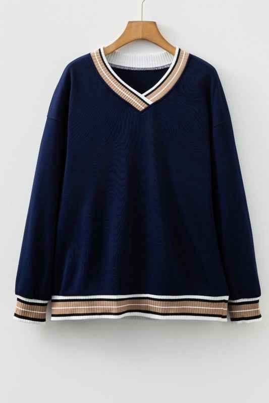 Varsity Contrast Stripe Trim V-Neck Sweatshirt ae009518-53cc-4326-b536-7583ade92036