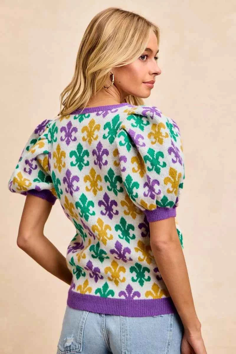 BiBi Mardi Gras Fleur De Lis Patterned V Neck Knit Top ae03cceea1e64c5c8fd905da0710af3d-Max-Origin