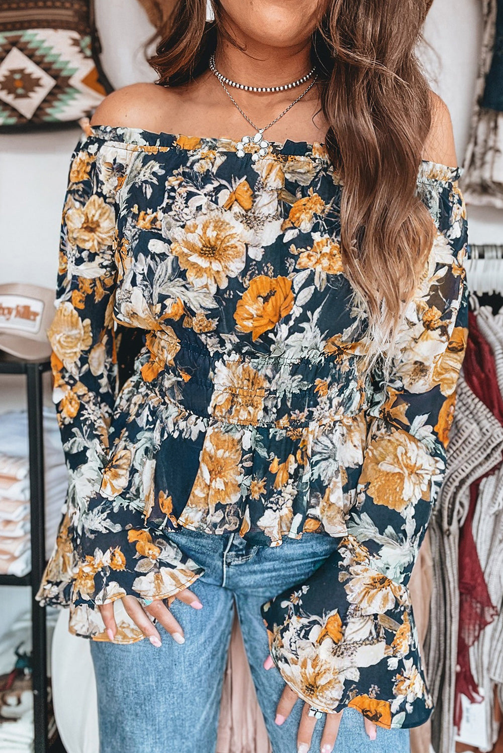 Blue Floral Off Shoulder Bell Sleeve Smocked Peplum Top ae0bdc348a3b8961