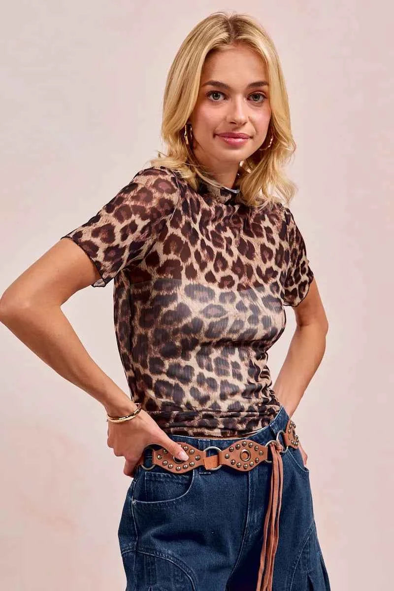 BiBi High Neck Leopard Mesh Short Sleeves Top ae0c6566ab89441da33eb0bafaafc98d-Max-Origin