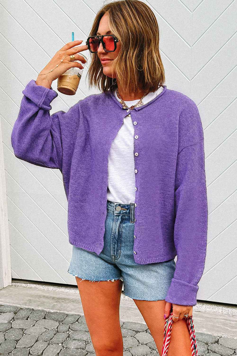 Wisteria Solid Color Knit Button Drop Shoulder Sweater Cardigan ae0dd477cf55d9d4