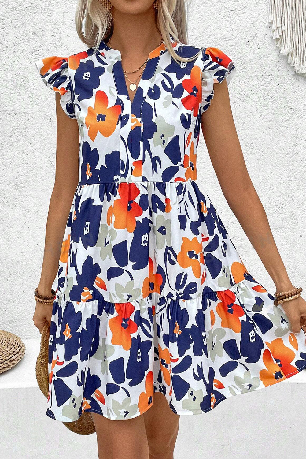 Orange Floral Print Notched Neck Flutter Sleeve Mini Dress ae10d14fe0e18542_957b8b1e-5002-4414-adaf-8896acc3c1f8