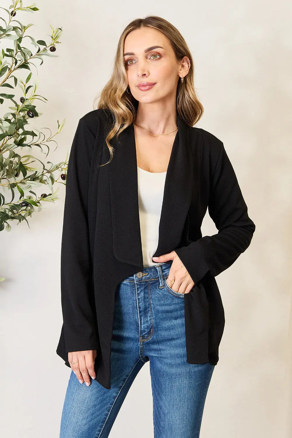 Heimish Full Size Open Front Long Sleeve Blazer Black ae12ff449ad3406ba65a9ae4e909af14-Max