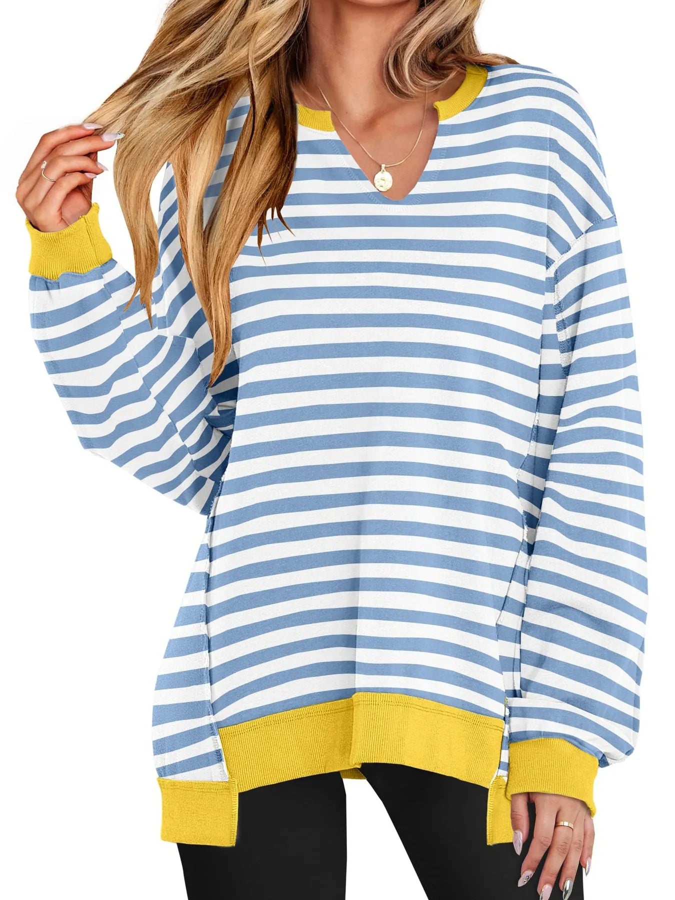 Notched Long Sleeve Oversized Sweatshirt Light Blue Stripes ae152701b3f14f3498280bde0ee94f5f-Max-Origin