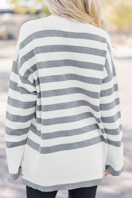 Gray Stripe Ribbed Buttoned Detail Drop Shoulder Tunic Sweater ae15a67e2bf1697e