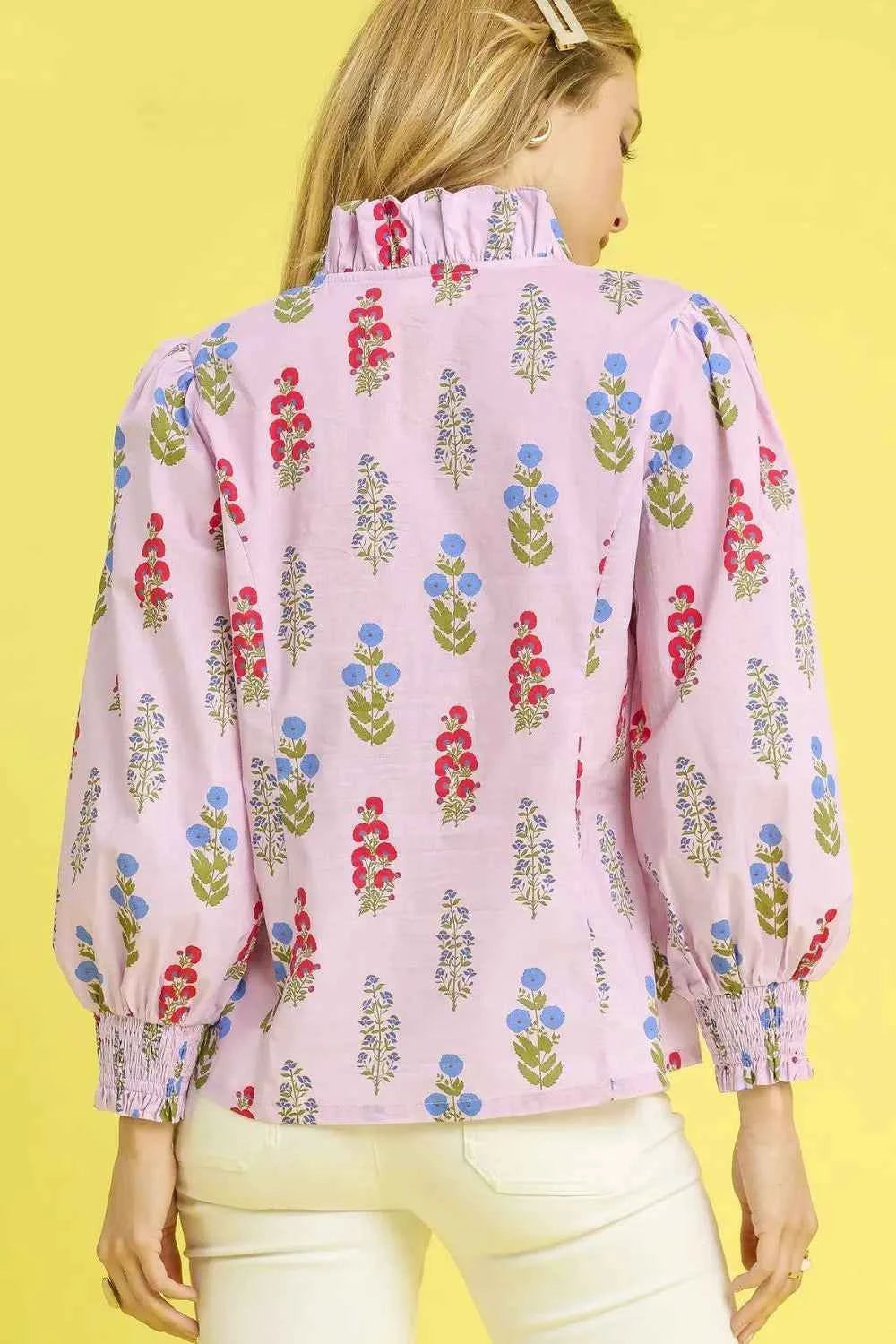 Umgee Floral Print Lantern Sleeve Button Down Shirt ae167725-695b-4092-b01e-4df99e882377-Max-Origin