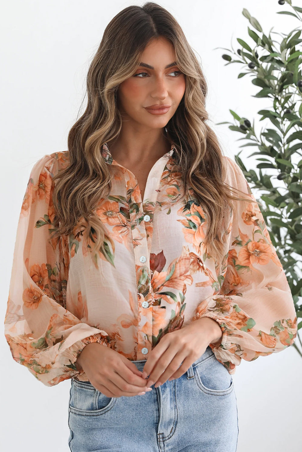 Brown Floral Puff Sleeve Lightweight Shirt