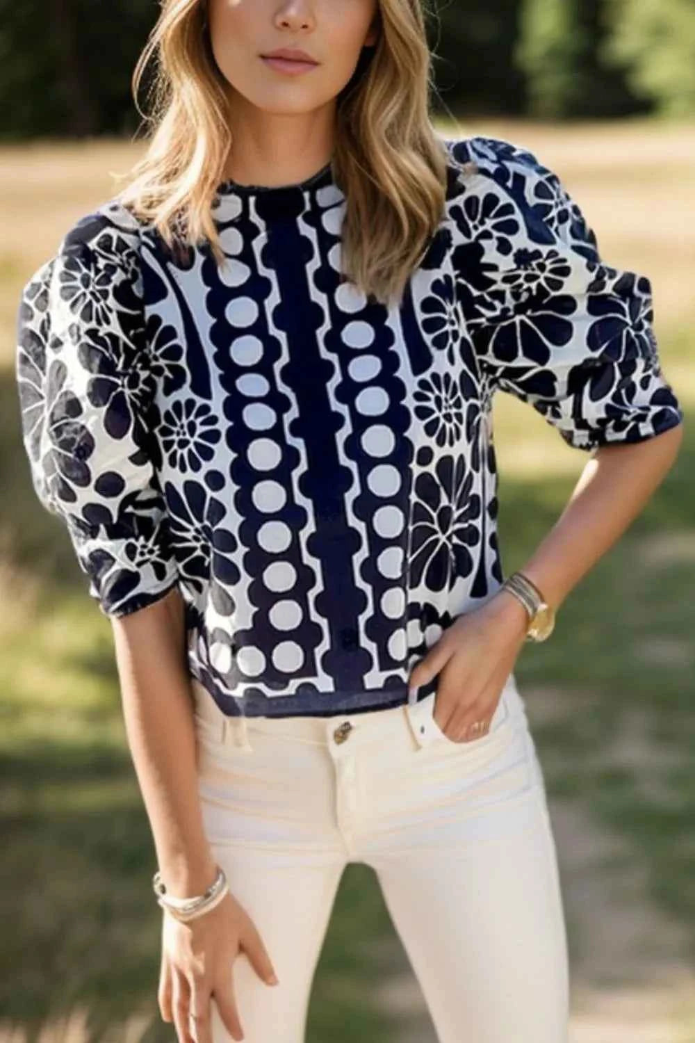 Printed Round Neck Half Sleeve Blouse Black ae1da270-8f79-40c4-8452-98864b694064-Max