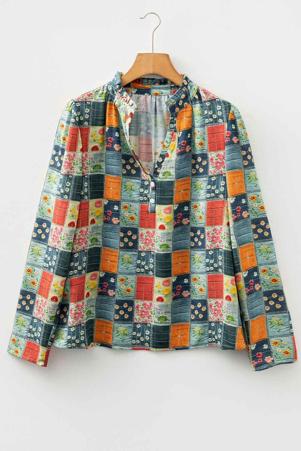 Sky Blue Fall Floral Half Placket Collared V Neck Blouse ae1f2ff536cd24c1