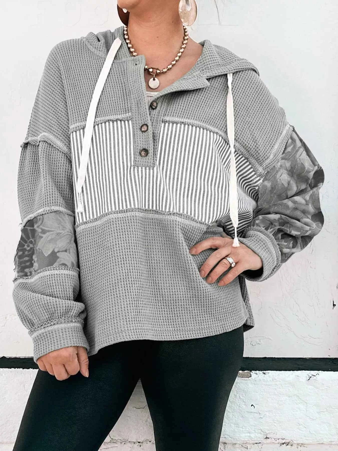 Waffle Knit Striped Drawstring Hoodie Gray ae233a07b50c46c3b71187a881666301-Max-Origin