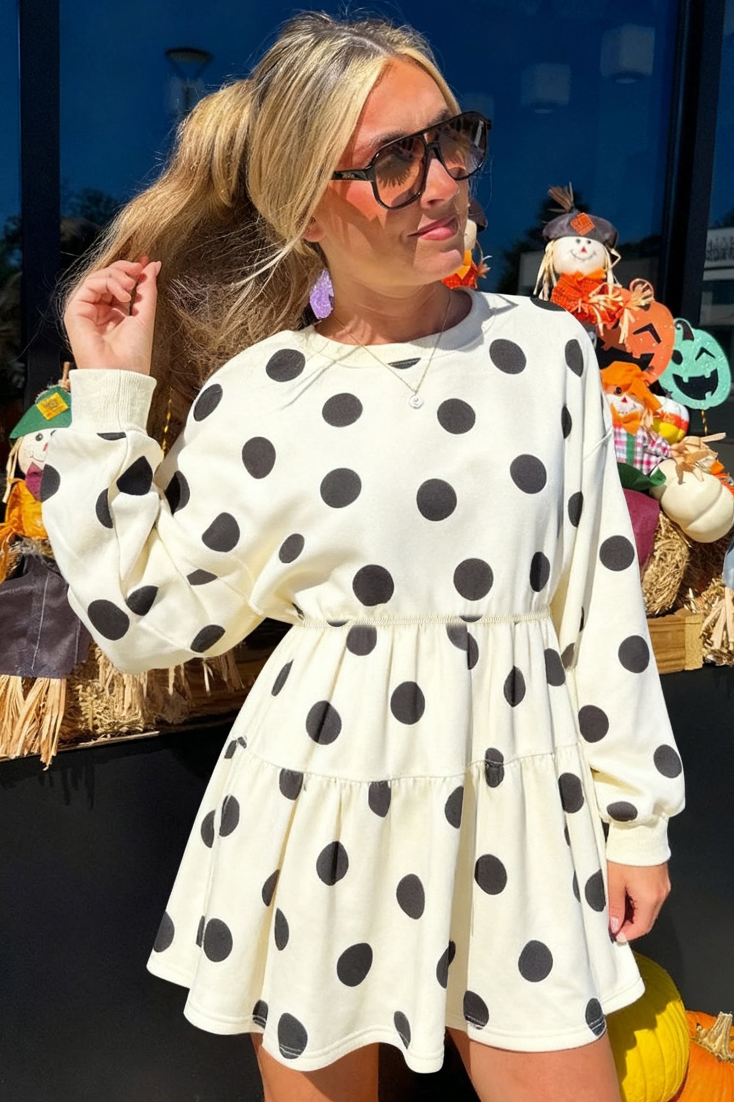 White Polka Dot Printed Long Sleeve Flared Mini Dress ae2625161aef94cb