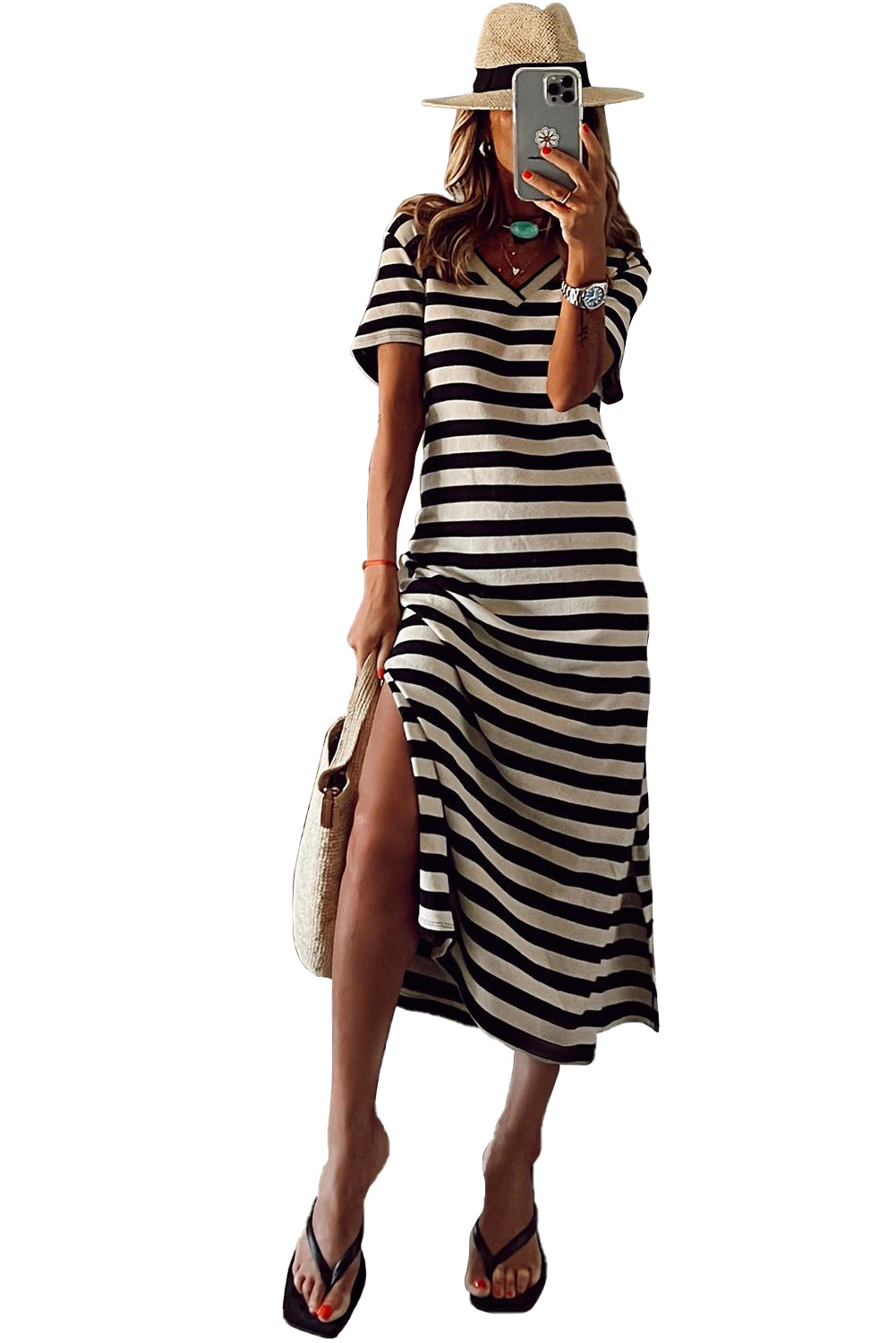 Black Casual Striped Print V Neck Side Split Maxi Dress ae27130b17ab7bfc