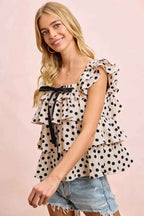 BiBi Polka Dot Ruffled Bow Tied Square Neck Sleeveless Top ae2b3651318a478384c448488d754387-Max-Origin