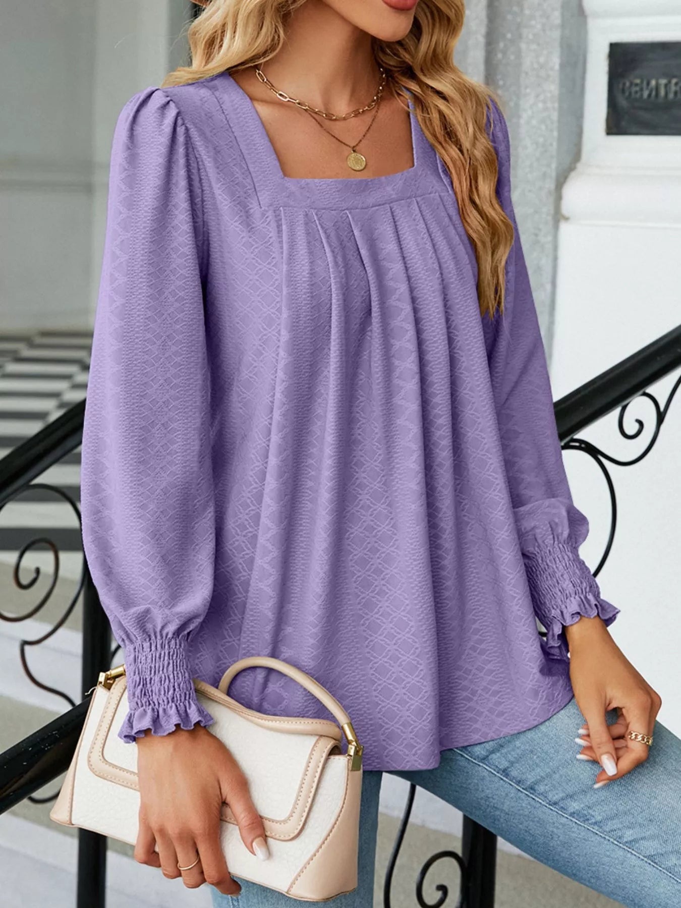 Pleated Square Neck Long Sleeve Top ae2ec69f-723e-4f58-89eb-27ef28d9a90a-Max-Origin