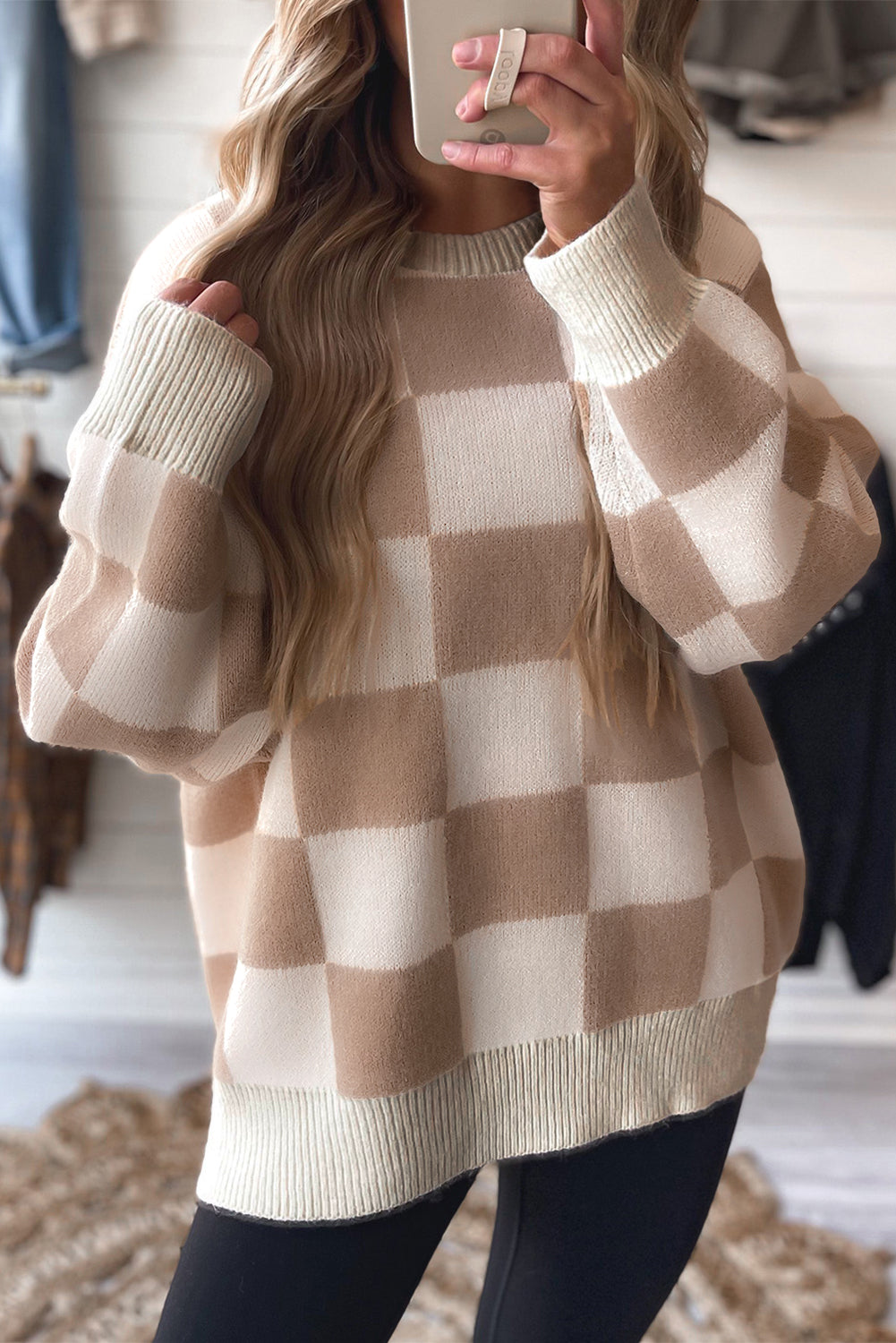 Parchment Checkered Pattern Ribbed Trim Knit Baggy Sweater Parchment 52%Viscose+26%Polyester+22%Polyamide ae2fc922951933f9
