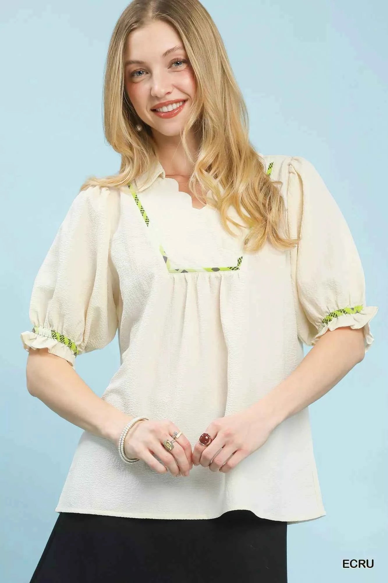 Umgee Scalloped Trim Blouse with Puff Sleeves ECRU ae36a626-4dd2-4ff8-9c41-30a61b7dc5e3-Max-Origin