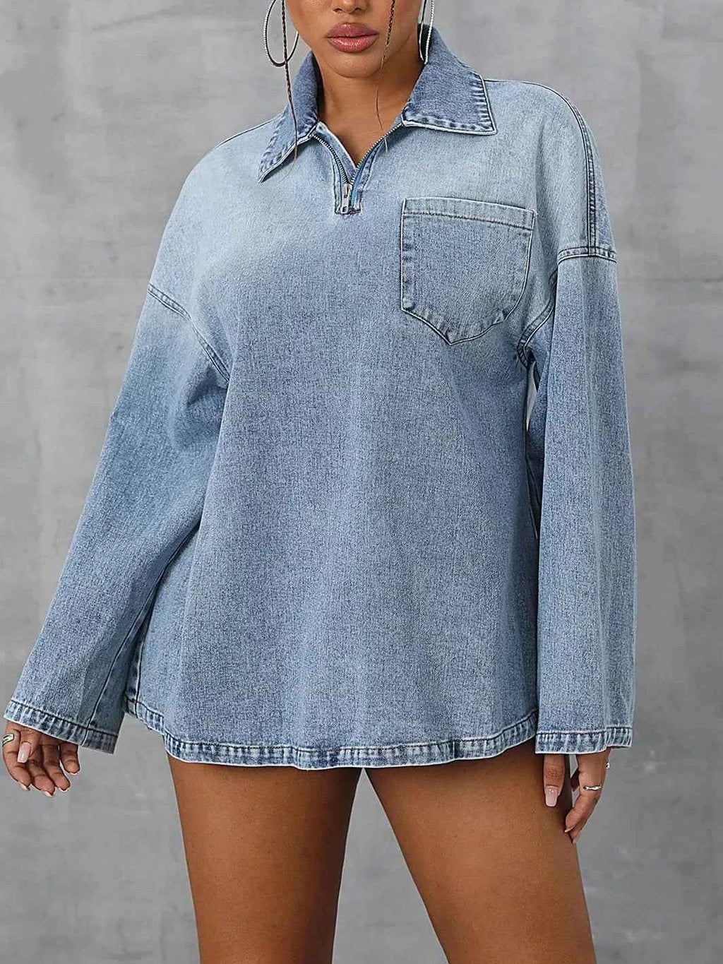 Collared Neck Drop Shoulder Denim Top Light ae370253-6bae-47d4-9d6b-68e875902ece-Max-Origin