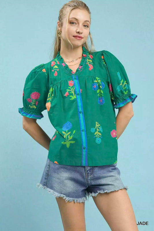 Petal Parade Print Button-Down Blouse JADE ae3c0302-8d5c-4810-b17e-2597c3a07073-Max-Origin
