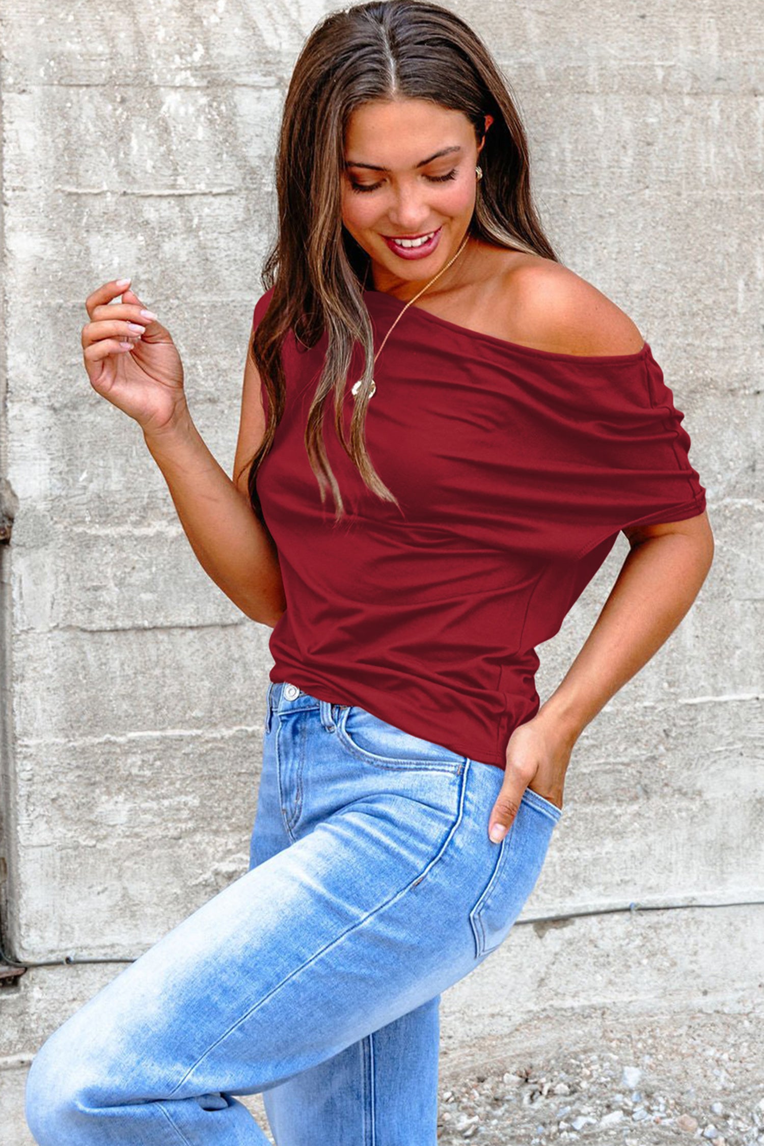 Blue Sapphire Plus Size Solid Color Asymmetric Neck Short Sleeve Blouse ae3e472512d469bc