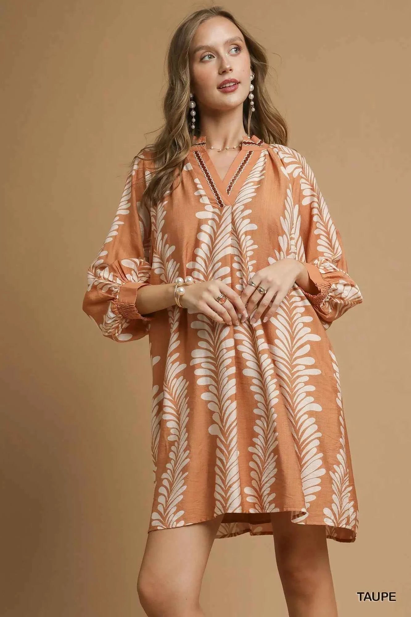 Umgee Leaf Print Notched Mini Babydoll Dress TAUPE ae3fd57b-0093-4043-9f7a-d5d57ec7d336-Max-Origin