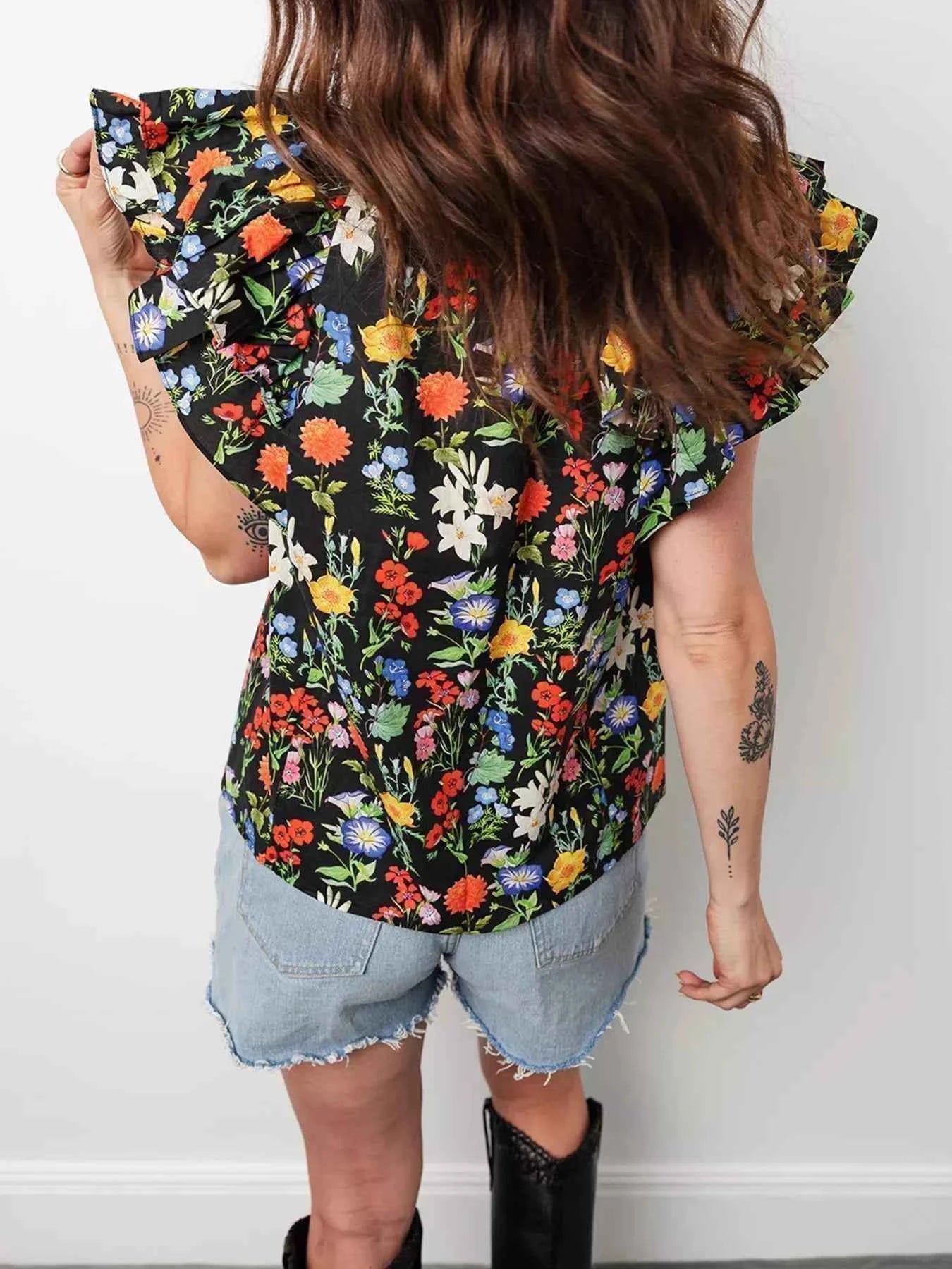 Tiered Flutter Sleeve V Neck Flower Blouse ae416813bd0640e89fea0f44aed6c063-Max-Origin