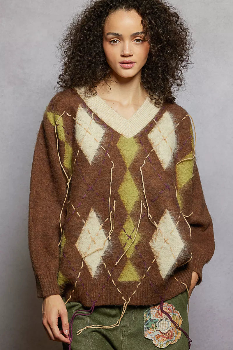 POL V-Neck Argyle Pattern Mohair Sweater with Contrast Exposed Stitch Detail MOCHA ae417339-5c1b-4ddc-a3b8-b3c1ec0b178b-Max-Origin