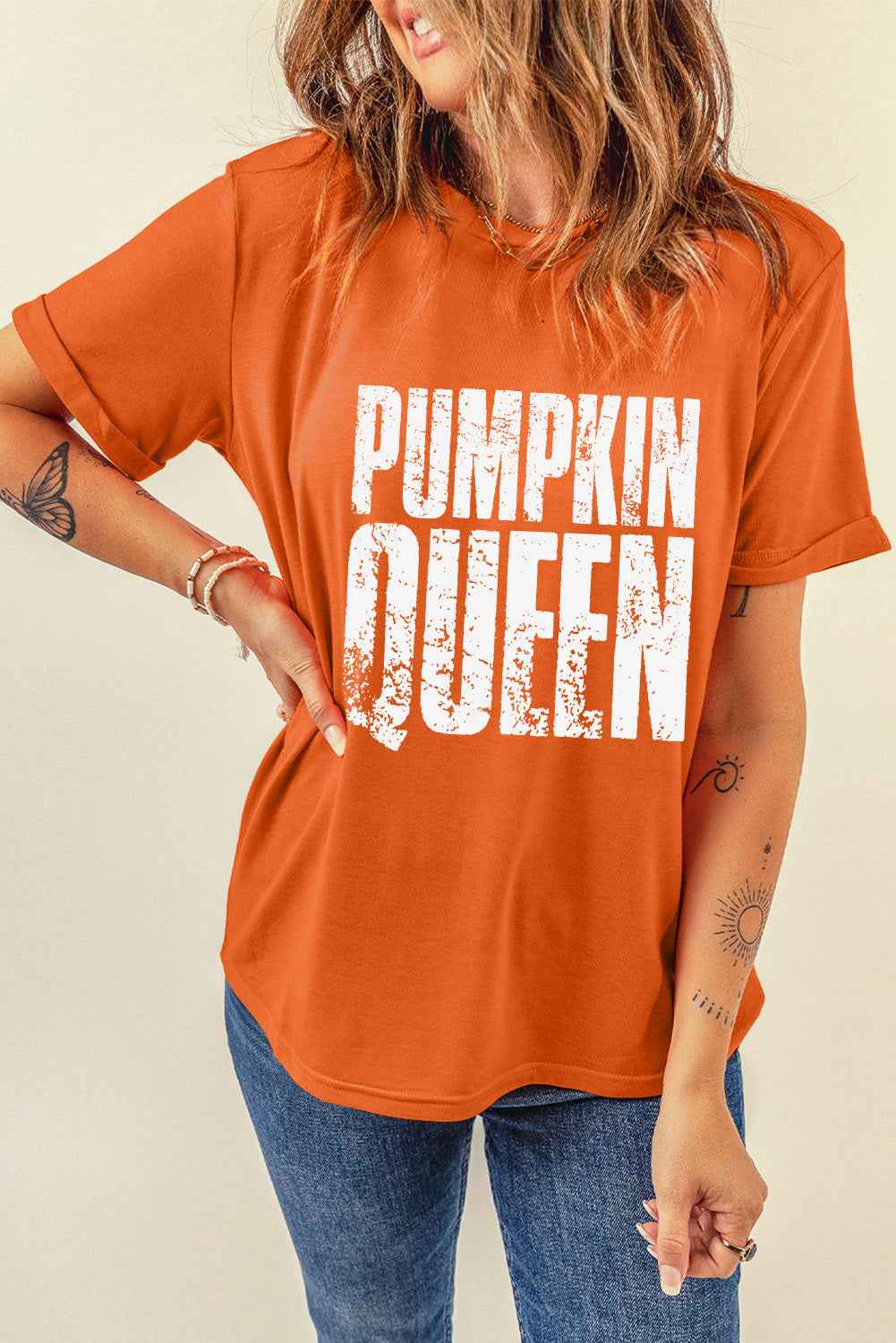 Orange PUMPKIN QUEEN Heat Transfer Printing Graphic Crew Neck Tee Orange 62%Polyester+32%Cotton+6%Elastane ae45083fe766e511