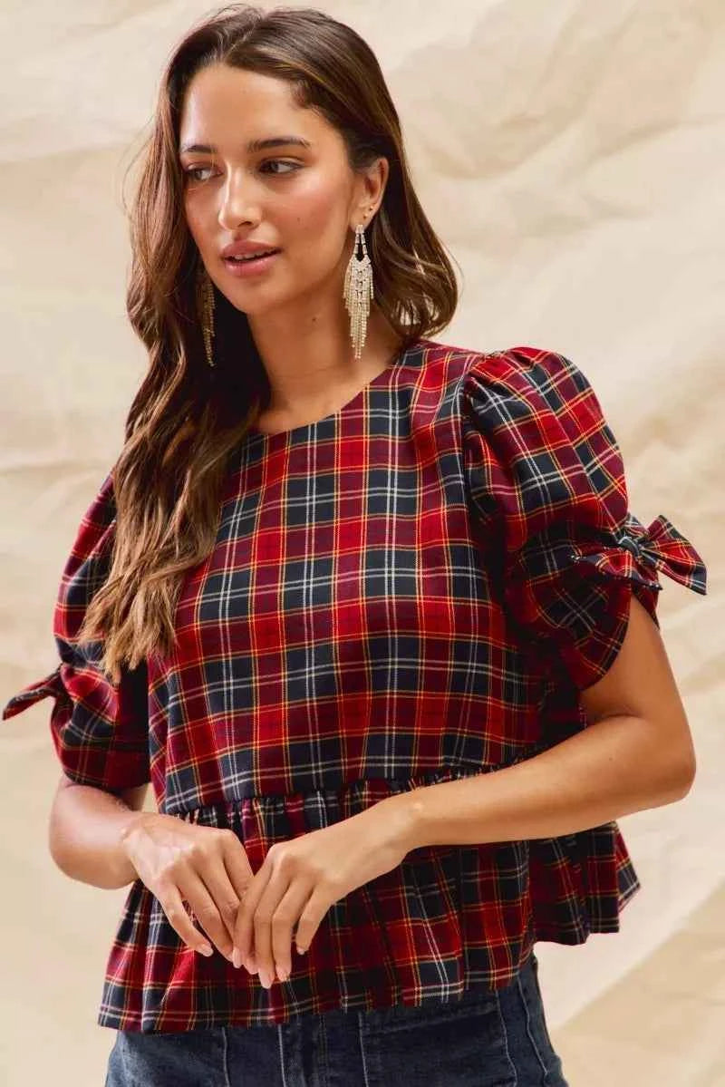 Christmas Holiday Plaid Ribbon Short Sleeves Top ae4615f7ff7f4944bb82fe8651d6f69c-Max-Origin