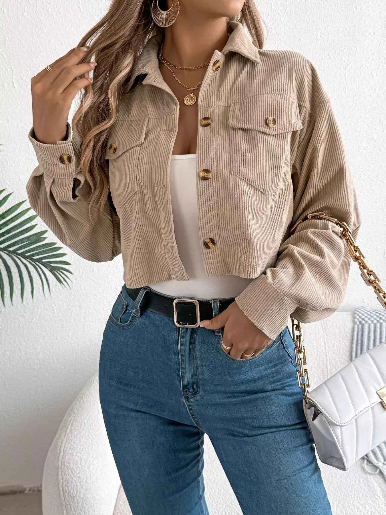 Corduroy Button-Up Dropped Shoulder Jacket Khaki ae478f35-8cb9-45d7-b37c-8881e1b9e09b-Max-Origin