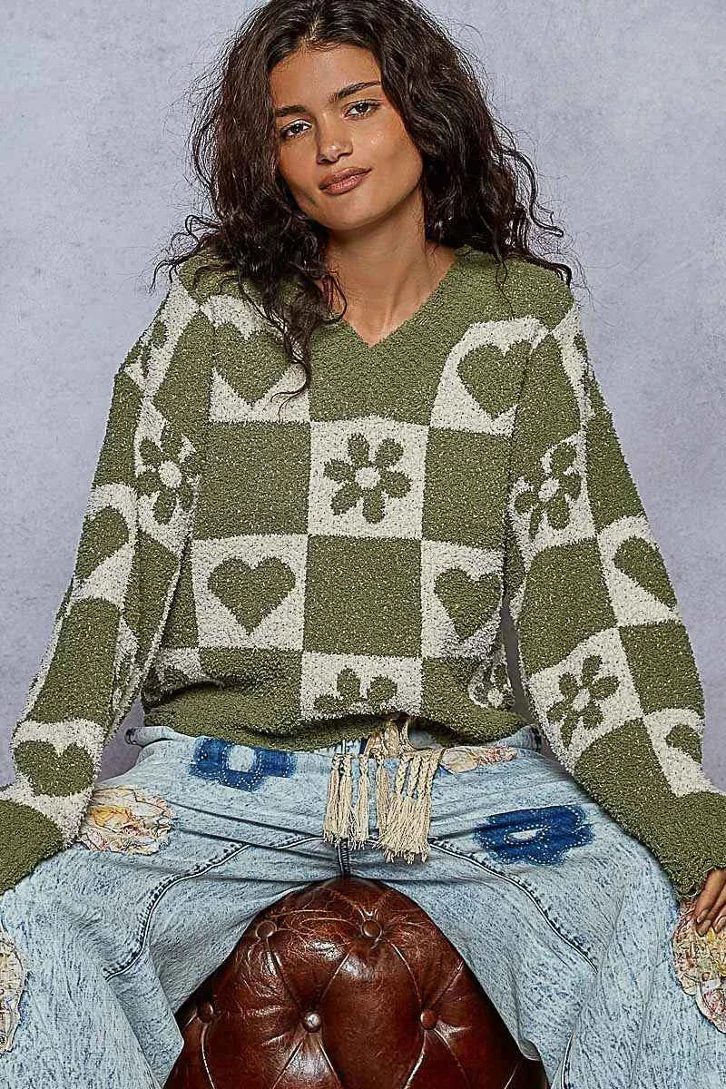 POL V-Neck Heart Pattern Checkered Sweater ae494899-614a-448a-8659-eb4c75576213-Max-Origin
