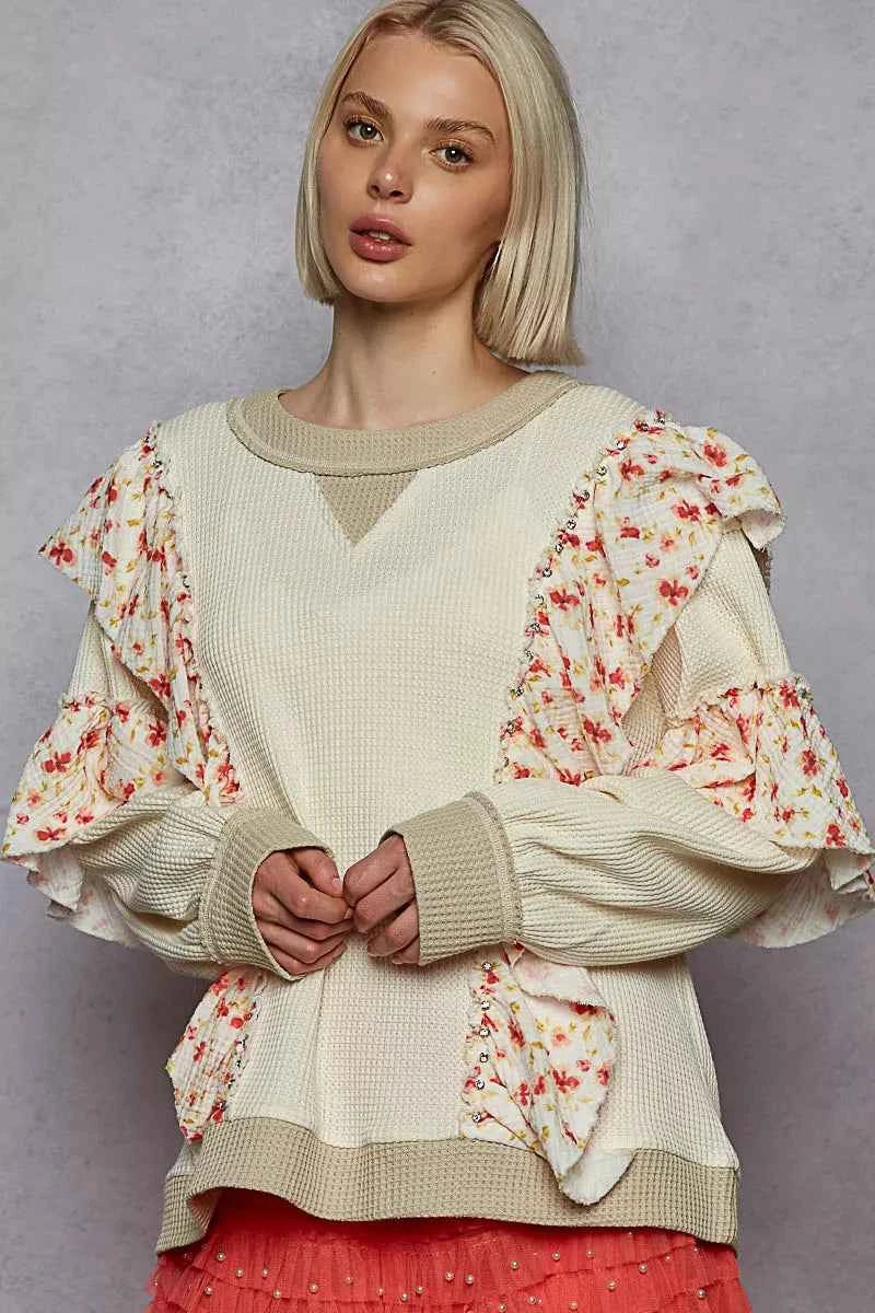 POL Round Neck Sweater with Floral Ruffle Detail ae552a45-67cd-4b0d-938b-ad766a6ada5f-Max-Origin