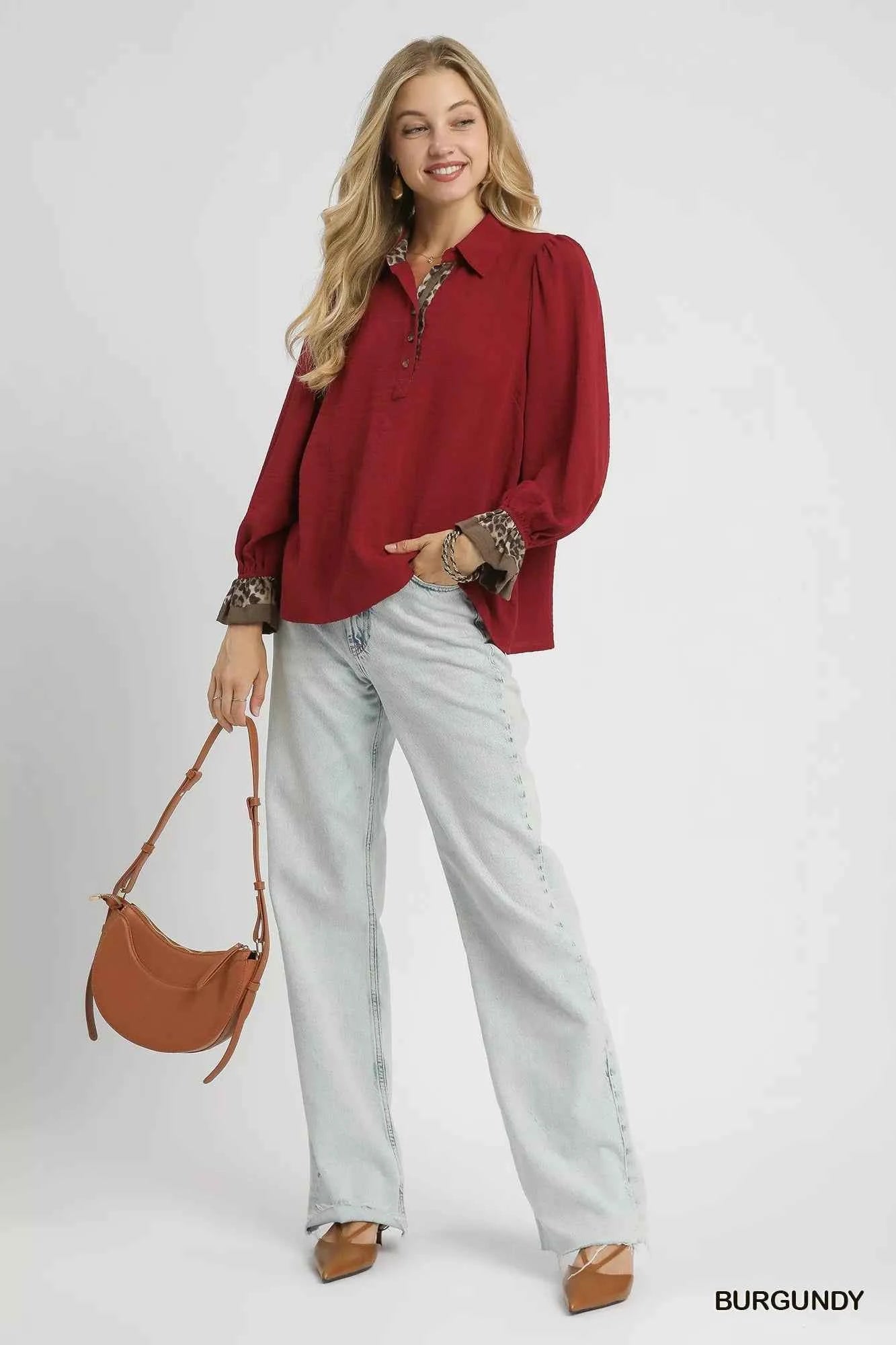 Umgee Half Button Blouse with Leopard Print Trim ae560d34-d4b3-42a6-9297-2b0dd43011b8-Max-Origin
