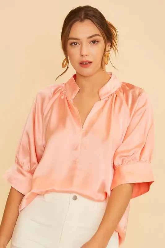 Annie Wear Satin V Neck Open Short Sleeve Woven Blouse Top ae5969434fbd4db1849009756f9cd77c-Max-Origin