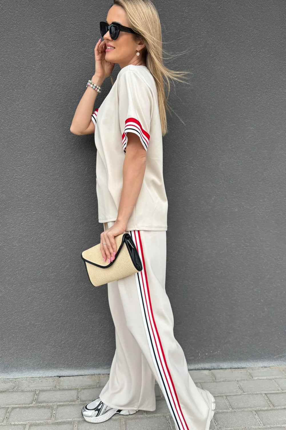 Jet Stream Contrast Striped Trim Crewneck T Shirt Loose Straight Pants Set ae5bd816fc6df930