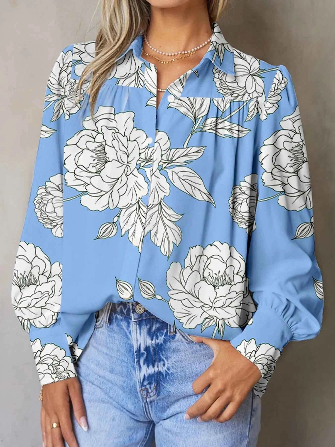 Floral Print Button Up Pleated Detail Puff Sleeve Shirt Sky Blue ae5c038f93f2487a9c25c356215f243c-Max-Origin