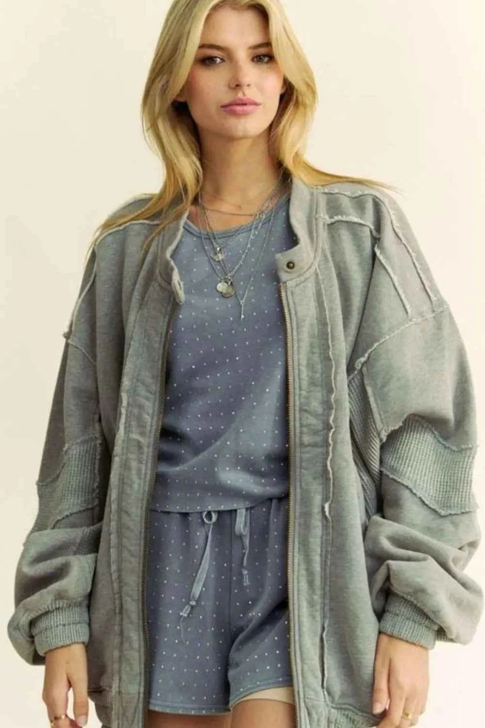 Davi & Dani Exposed Seam Zip Up Dropped Shoulder Jacket Grey ae5cfbc7-3d79-4da9-8f2a-f8f6ad3e2fb0-Max