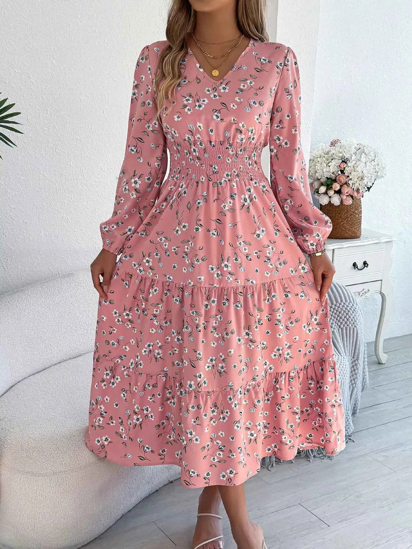 Floral Print Long Sleeve V-Neck Midi Dress Pink ae6397b3defc45b1a3e791eb85e43050-Max-Origin